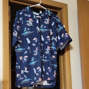 Cubavera Navy Blue Tropical Print Casual Button Down Shirt